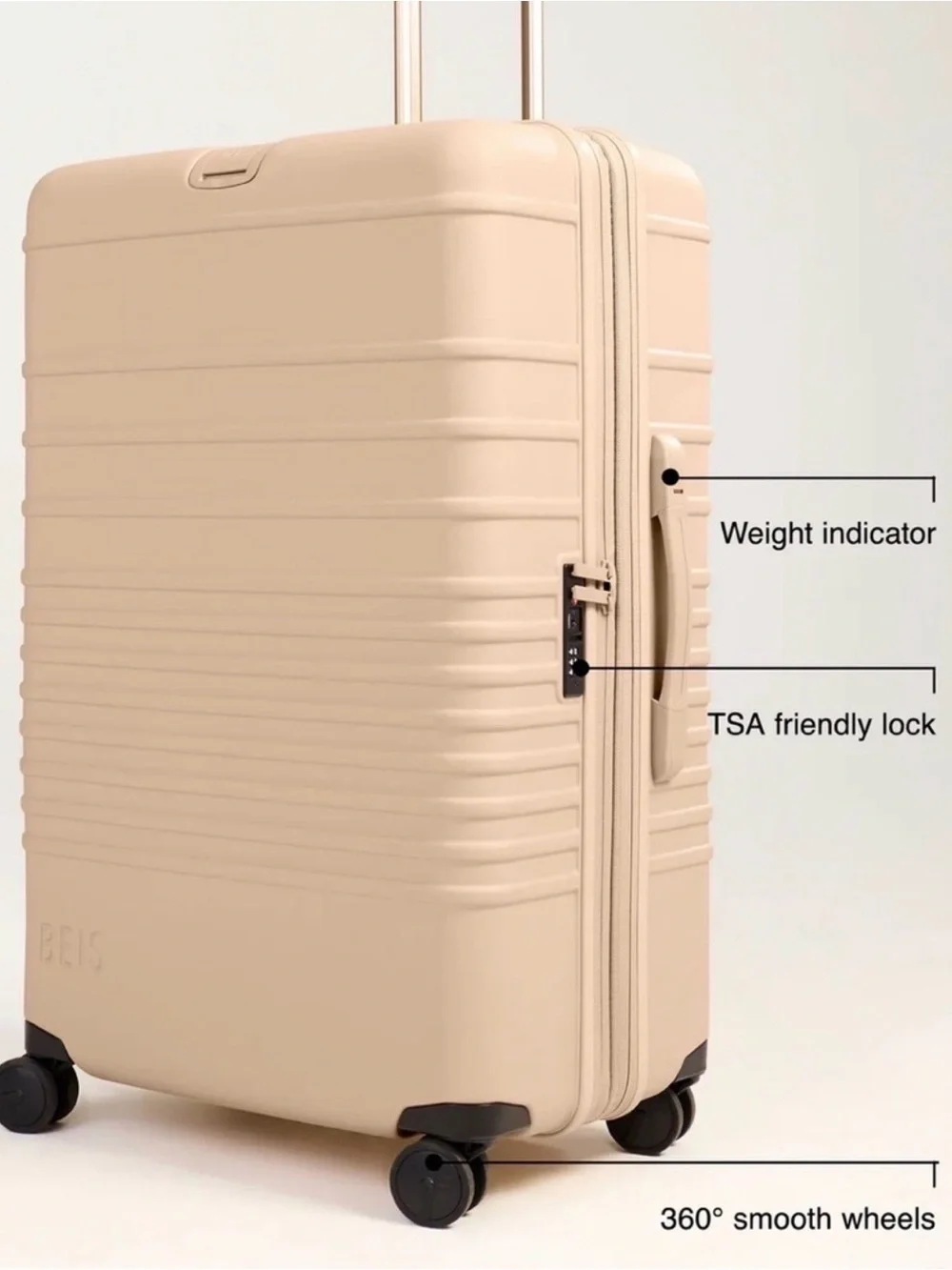 Large BEIS Beige check in Hardshell Spinner Luggage NWT